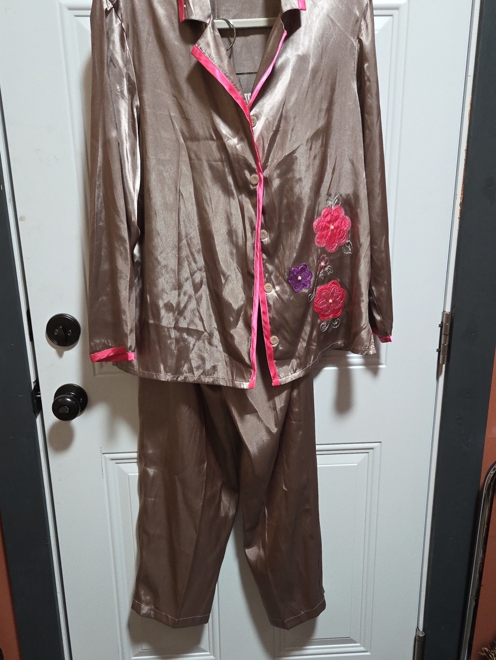 Secret Treasures Womens Satin Brown Embroidered Pajama Set with Pink Trim